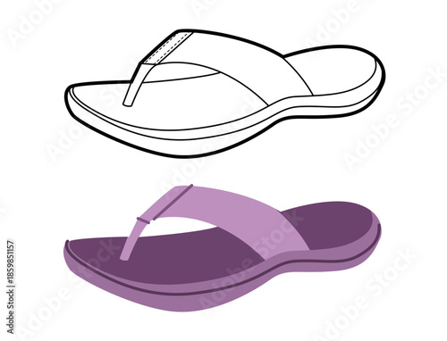 Purple flip flop sandal shoe women flat plus line set. Curved sole comfort thong for lifestyle summer project. Technical fashion illustration CAD mockup mixed vector man unisex isolated stylish style.