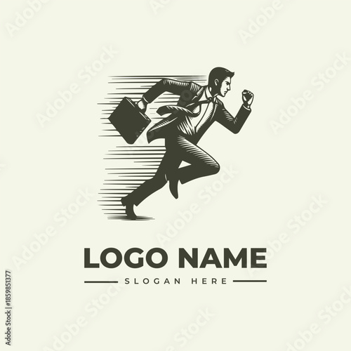 A dynamic illustration of a businessman in motion, running with a briefcase, against a streaked background, with a placeholder for a logo name and slogan.