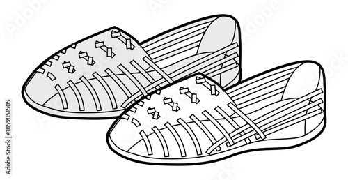 Huarache fisherman sandal shoe women sketch pair. Transparent cage strap sandal for pool beach casual outfit. Technical fashion illustration CAD mockup vector man unisex isolated classic style.