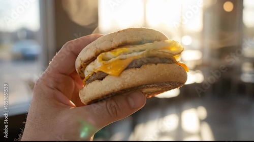 Hand holding cheeseburger with melting cheese on bun.