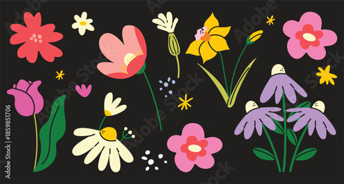 Set of hand drawn botanical abstract flowers in retro style. Plants and leaves, bright cheerful spring elements in different shapes. Wild flowers stickers in cartoon doodle style. Vector nature 