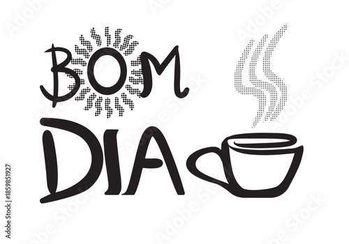  Good morning written in Brazilian Portuguese. Sun and fragrant coffee. Transparent Background