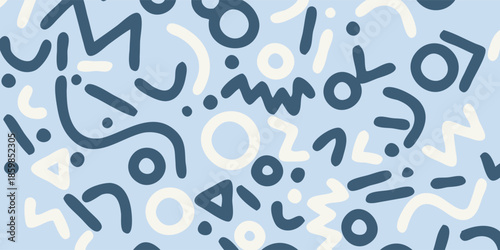 Abstract Memphis Style Pattern with Geometric Shapes and Lines.