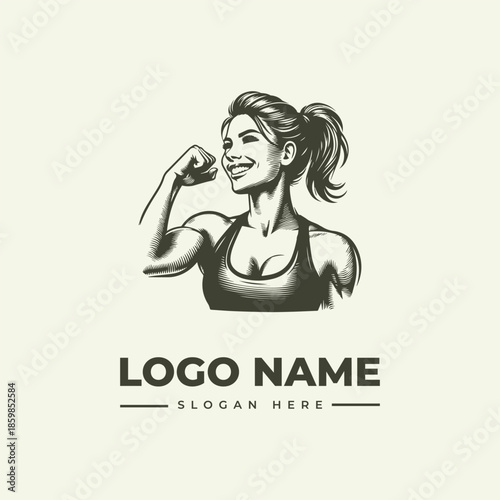 A smiling woman in a fitness top flexing her arm muscle with a logo and slogan on a clean background, illustration style.
