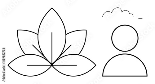 Wellness symbols. Minimalist line art designs of lotus, human figure, and cloud wellness, mindfulness, and balance. Wellness visuals for meditation, mental health, spirituality lifestyle harmony