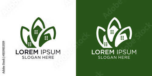 Nature House Leaf Care Logo. This ecofriendly design features a house nestled within three stylized leaves. It symbolizes sustainable living, natural property, and environmental commitment.