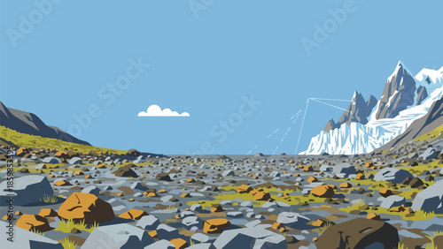 Remote alpine vista with rugged terrain, vast rocky expanse leading to distant majestic snow-capped peaks and glaciers under a clear azure sky with