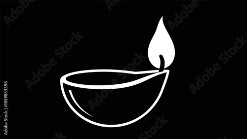 Simple white line drawing of a lit oil lamp on a black background.