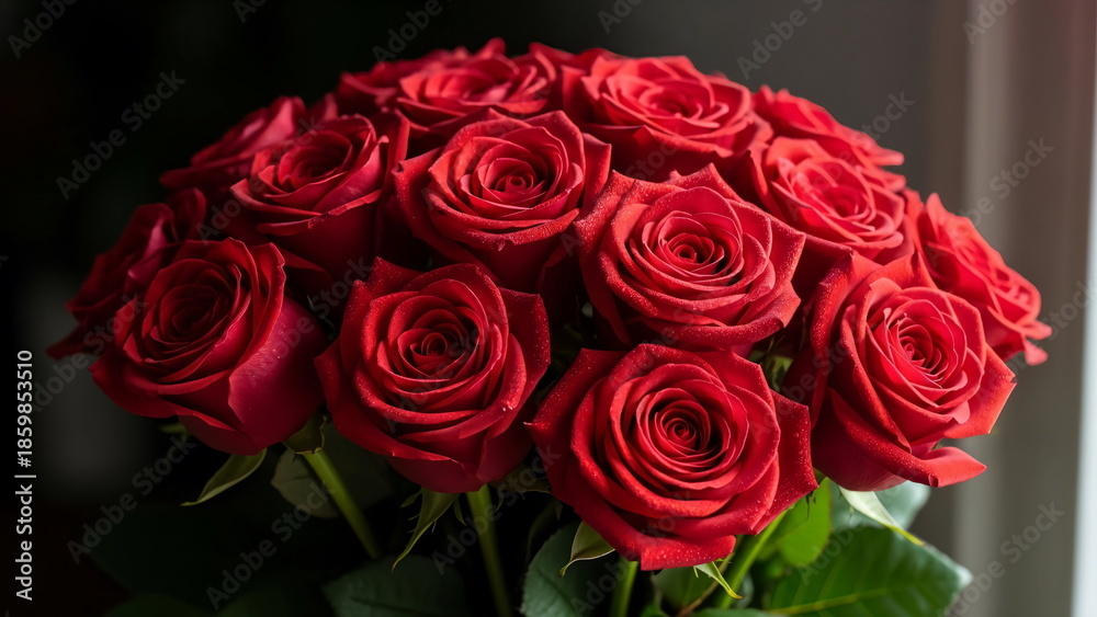 Obraz premium Bouquet of red roses for valentine, fresh flowers close up, romantic mood, natural light, dark elegant background, shallow depth of field, premium stock photo, no people, no text three