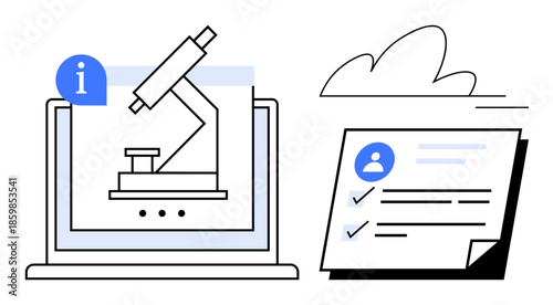 Research technology, digital learning, secure data, online education, scientific documentation, cloud storage. Microscope on laptop screen beside document with checkmarks. Research technology