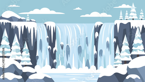 Majestic frozen waterfall in a serene winter landscape with snow-covered pine trees and icy cliffs under a clear blue sky, a tranquil nature scene
