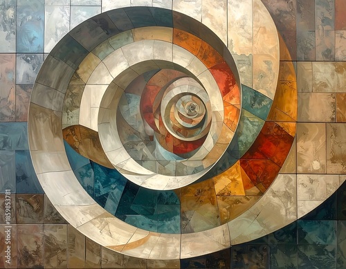 Abstract spiral form of squares, changing colors, with a tessellated, mosaic-like appearance