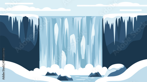 Dynamic illustration of a stunning winter waterfall scene featuring enormous icicles draped across snow-laden cliffs and frosty terrain under a vast