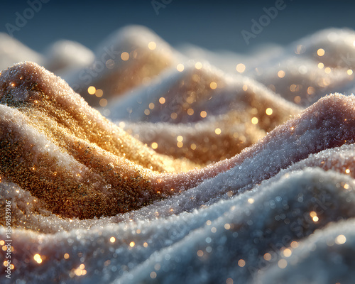 Elegant white and gold winter holiday background with soft snow texture and golden sparkles. Luxury festive abstract scene with copy space, ideal for Christmas, New Year, holiday banners.