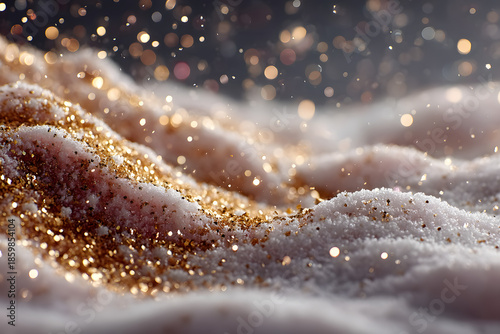 Elegant white and gold winter holiday background with soft snow texture and golden sparkles. Luxury festive abstract scene with copy space, ideal for Christmas, New Year, holiday banners.