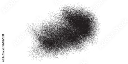 Abstract black spray paint splatter with a grainy stippled texture and soft diffused edges.