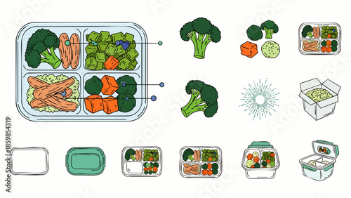 Healthy Packed Lunch Box with Broccoli, Carrots, Chicken and Blueberries - Top View and Components