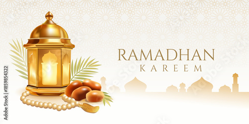 Traditional Ramadhan Kareem Illustration with Lantern Dates and Prayer Beads