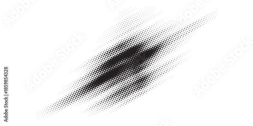 Abstract Black Dotted Diagonal Shape with Halftone Texture on White Background.