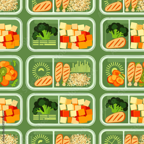 Seamless pattern of healthy meal prep containers with balanced portions of grilled protein, fresh broccoli, and vegetables. Ideal for diet, fitness, and nutrition themes.