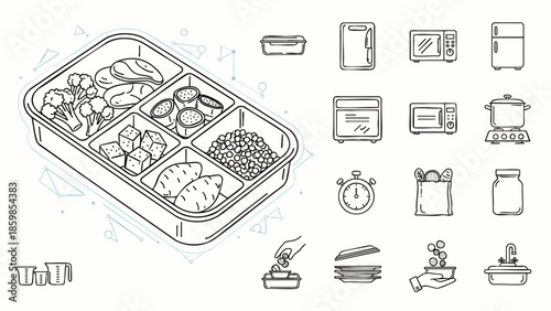 Meal prep container with healthy balanced food portions and various kitchen appliance icons. Outline vector illustration for diet and nutrition.