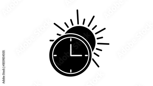 Simple black and white clock icon with sunburst design.