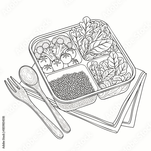 Healthy Lunch Box with Vegetables and Grains, Fork and Spoon, Outline Drawing