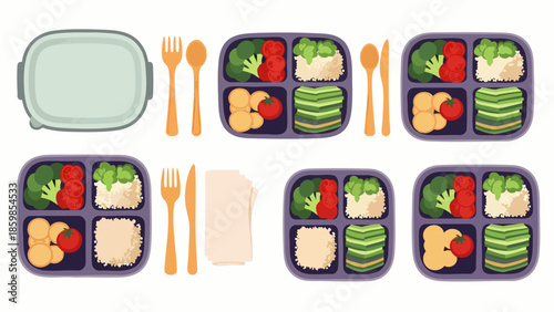 Healthy Bento Boxes with Rice, Broccoli, Tomatoes, and Meatballs, Ready for Lunch or Meal Prep