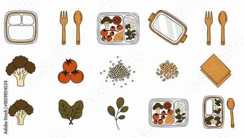 Healthy Meal Prep Containers with Fresh Ingredients: Broccoli, Tomatoes, Mushrooms, and Greens