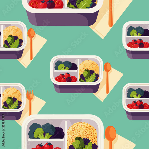 Healthy Lunch Boxes with Fresh Vegetables and Grains, Seamless Pattern