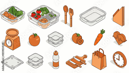 Isometric food containers, kitchenware, and healthy food items in a clean, modern illustration style.