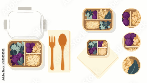 Healthy bento box meal prep illustration with balanced diet of grains, vegetables, and fruit. Flat lay vector design for lunch and nutrition.