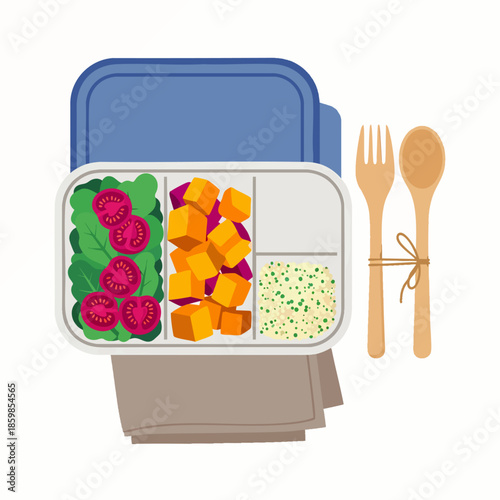 Healthy packed lunchbox with fresh salad, roasted vegetables, and couscous, with sustainable wooden cutlery. Ideal for nutritious meals.
