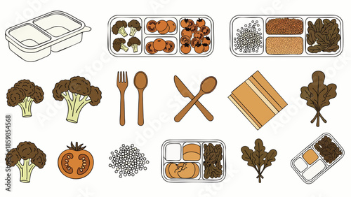 Healthy meal prep food illustration set with divided containers, fresh vegetables, cooked ingredients, and cutlery for convenient diet planning and delivery.