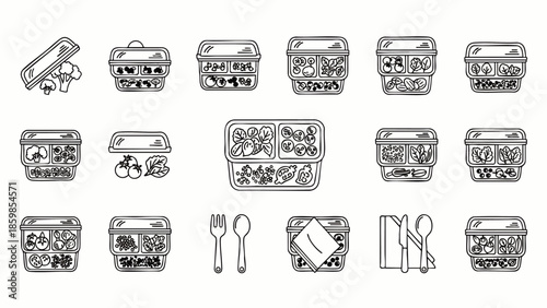 Meal Prep Food Container Line Art Icons. Bento Boxes, Lunch Boxes, Healthy Eating Storage Solutions for Kitchens, Work, School, and On-the-Go Meals.