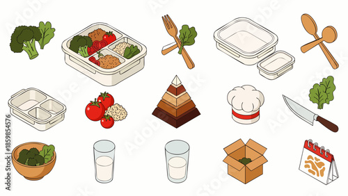 Isometric icons of healthy food, meal preparation, nutrition, and cooking ingredients for diet planning and food delivery services.