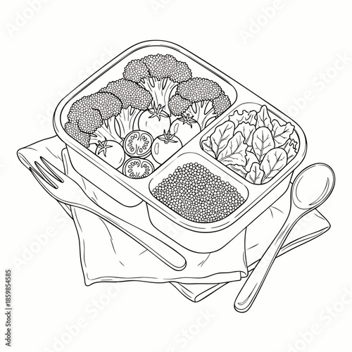 Detailed line art illustration of a healthy meal prep container featuring fresh broccoli, cherry tomatoes, crisp salad, and nutritious lentils.