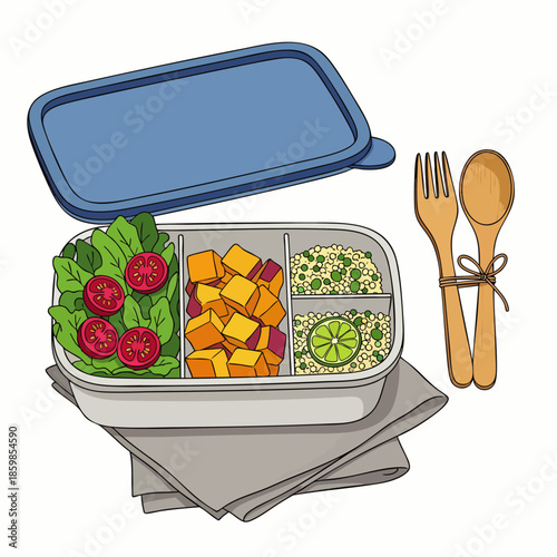 Healthy bento box lunch illustration with fresh salad, roasted vegetables, and quinoa. Reusable wooden cutlery. Perfect for meal prep, balanced nutrition.