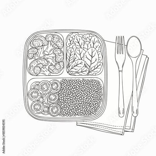 Healthy meal prep lunchbox with fresh vegetables and lentils, fork and spoon, top view line art illustration. Vegan nutrition and balanced diet concept.