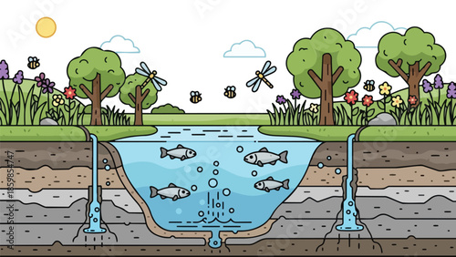Vibrant ecosystem cross-section revealing a freshwater river, underground flow, and abundant natural life