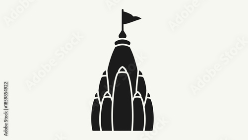 Simple black silhouette of a building with a flag on top.