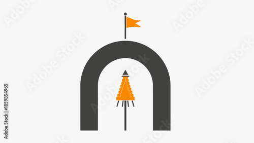 Simple graphic of an archway with a flag on top and a kite inside.