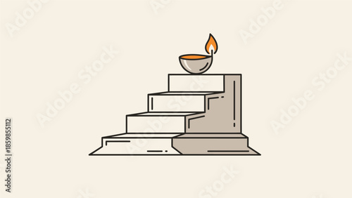 Simple line art illustration of a staircase with books and a lit diya on top.