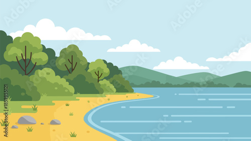 Serene minimalist landscape: a tranquil lake, lush forest, and distant mountains under a cloudy sky.
