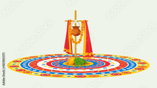 Traditional Indian Pongal Festival Celebration with Kolam and Pongal Pot.