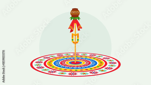 Illustration of a person standing on a colorful mandala design.