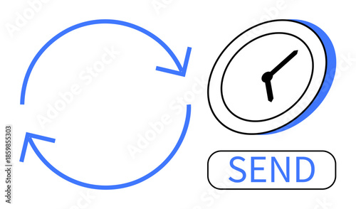 Recycling, time management, communication tools, task scheduling, efficiency, and digital processes. Circular arrows, a clock and a send button. Recycling and time management concept