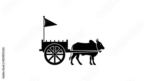 Traditional ox cart with a flag on a white background.