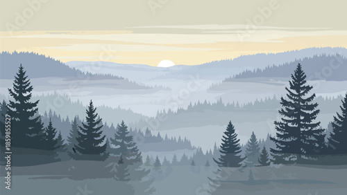 Expansive misty mountain forest panorama at dawn or dusk with a soft sun peeking through the serene and tranquil layered landscape illustration