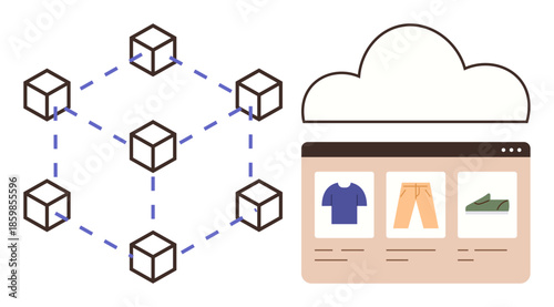 Blockchain network structure connected to a cloud e-commerce interface featuring a shirt, pants, and shoes. Ideal for technology, blockchain, e-commerce, online shopping, data security, cloud